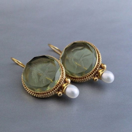 Amelia - Rounded Green Stone Pearl Earrings