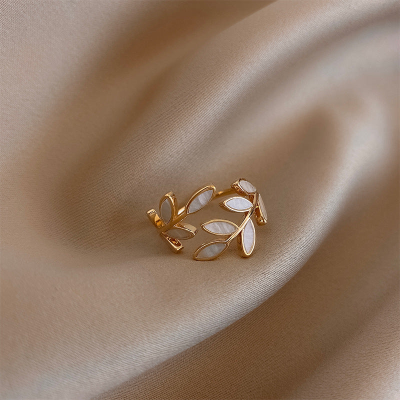 Milly - White Opal Leaf Adjustable Ring in Gold