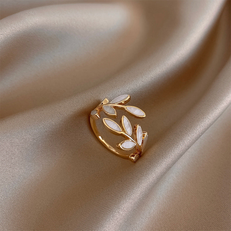 Milly - White Opal Leaf Adjustable Ring in Gold