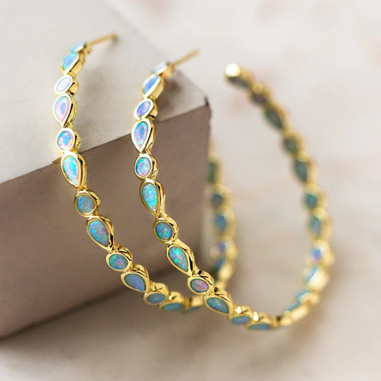 Paige - Vintage Blue Opal Golden Hoop Earrings